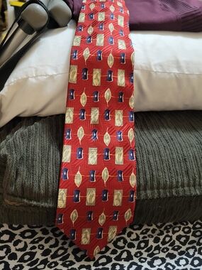 Robert Talbott Red Geometric Silk Tie with Blue and Gold Accents